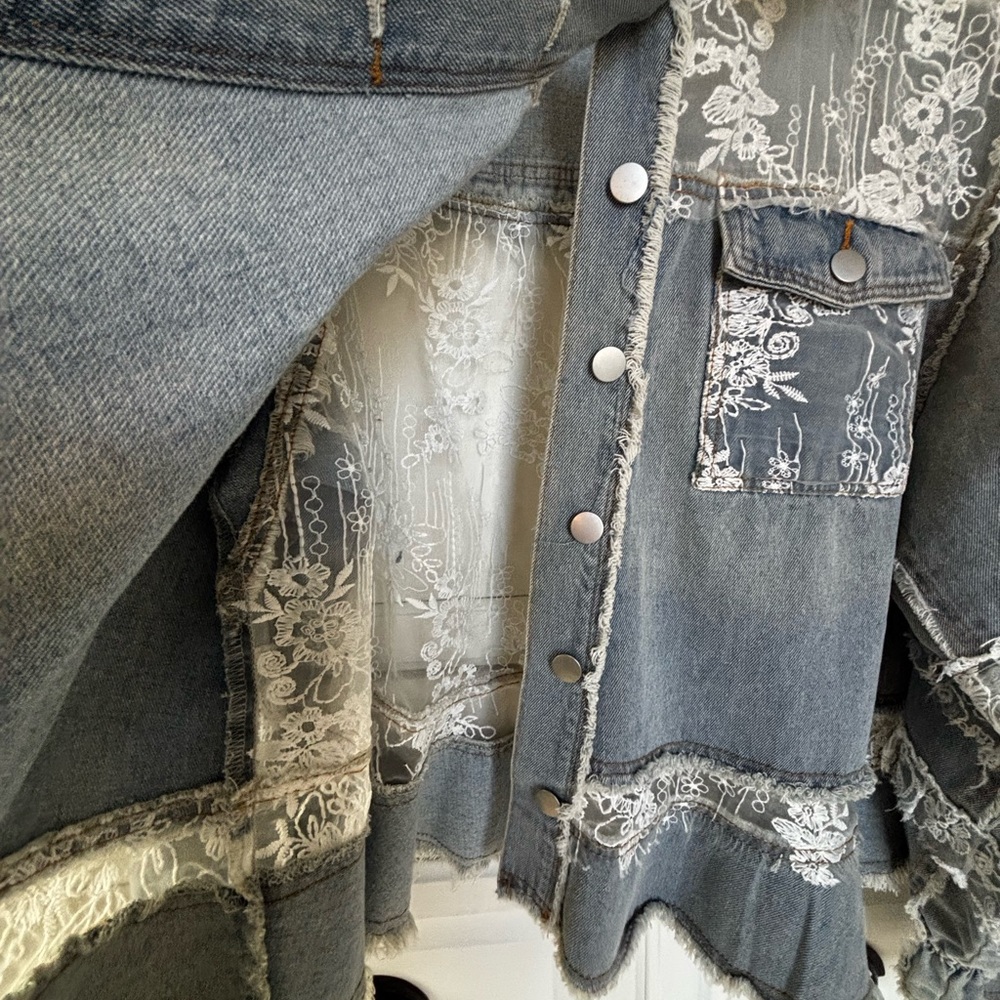 POL Blue Denim Jacket with White Lace Accents - Picture 7 of 10